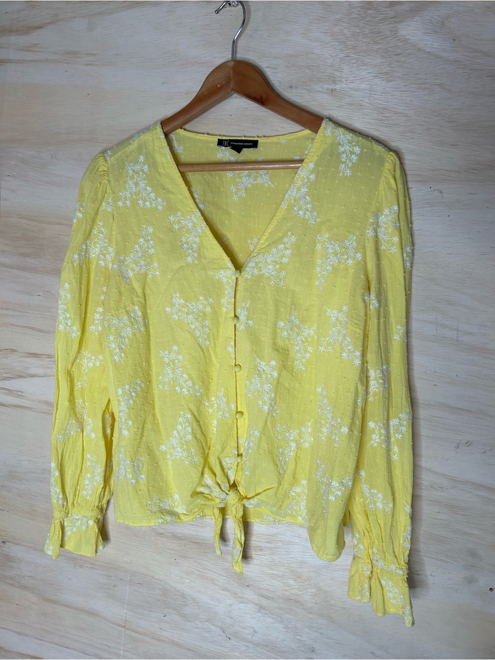 INC International Concepts Yellow Floral Embroidered Tie Front Blouse Size L
